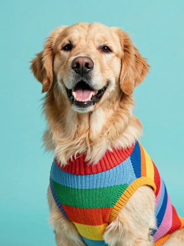 Eye-level shot of a happy golden retriever wearing a custom-tailored colorful knit sweater, bright high-key studio lighting, turquoise background, sharp focus