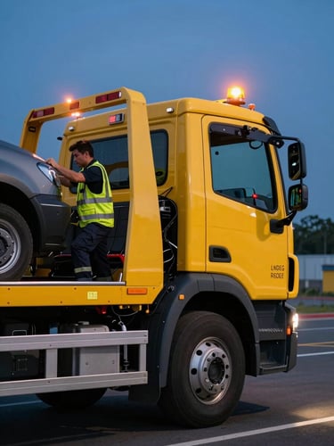 Modern flatbed tow truck with amber emergency beacons flashing at dusk, high-contrast rescue yellow cab, professional driver in safety vest securing a vehicle, 35mm lens