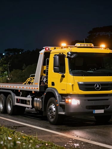 Dramatic night-time action shot of a modern flatbed tow truck with amber emergency beacons flashing, parked on a wet Brazilian highway shoulder, sharp focus, 35mm lens
