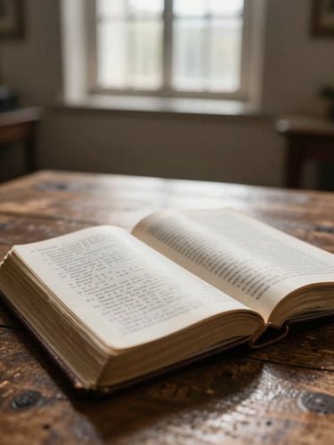 Close-up shot of a worn leather Bible resting open on a rustic oak table, handwritten study notes in the margins, soft morning sunlight filtering through a high church window, shallow depth of field.