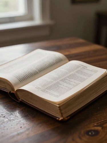 Close-up of a worn leather-bound Bible open on a dark oak table, soft morning window light illuminating the textured paper pages, quiet and scholarly atmosphere.