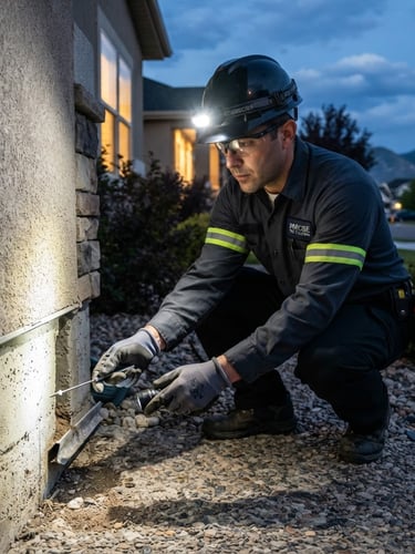 Professional pest control technician in clean uniform inspecting the foundation of a West Valley City home at dusk, headlamp illuminating the work area, sharp focus on hands, crisp documentary photography, bright natural daylight, clean high-contrast tones, sharp focus, 35mm.