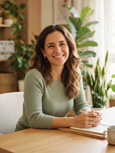 Retrato de una nutricionista sonriendo empáticamente, luz natural suave, vestimenta profesional cómoda, en un espacio de consulta luminoso, con plantas al fondo.