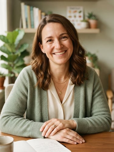 Portrait of a female dietitian-nutritionist, mid-30s, with a warm, empathetic smile, wearing comfortable professional attire, looking directly at the camera. Soft natural morning light, muted earth and sage tones, shallow depth of field, bright consultation space in the background.