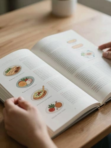 Close-up of hands holding a scientific journal open to a page with food illustrations and text, on a wooden desk. Soft natural morning light, muted earth and sage tones, shallow depth of field.