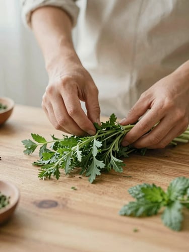 Manos preparando ingredientes frescos (verduras, hierbas) sobre una tabla de madera rústica, luz de la mañana, enfoque en el detalle.