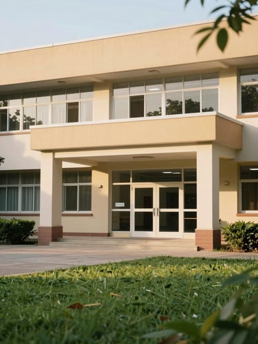 Warm daylight shot of the school building entrance with clean green campus surroundings, architectural lines, soft morning light, 35mm.