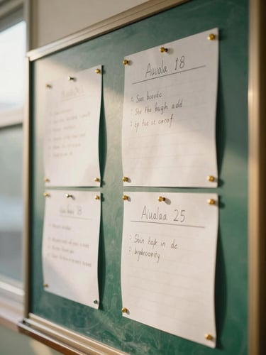 Eye-level warm shot of a school notice board with neat hand-written announcements, gold pins, soft morning light filtering through a window, shallow depth of field