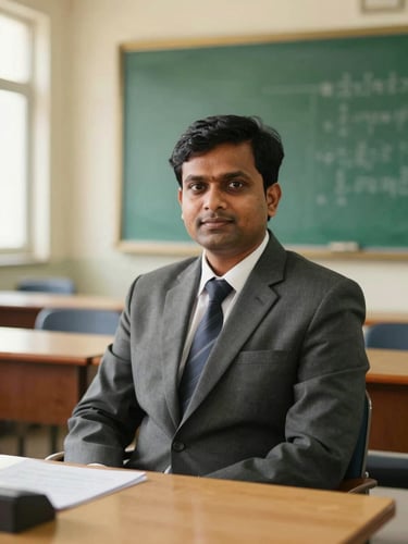 Warm editorial portrait of an Indian male school director in a formal suit, sitting in a bright academic office, natural daylight, 35mm.