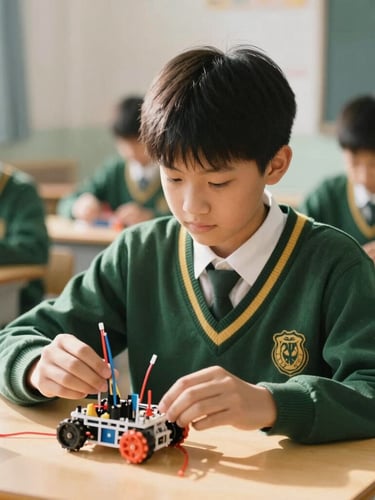 Warm editorial portrait of a student working with a robotics kit in a bright, sunlit classroom, 35mm photography, shallow depth of field, green and gold school uniform accents.