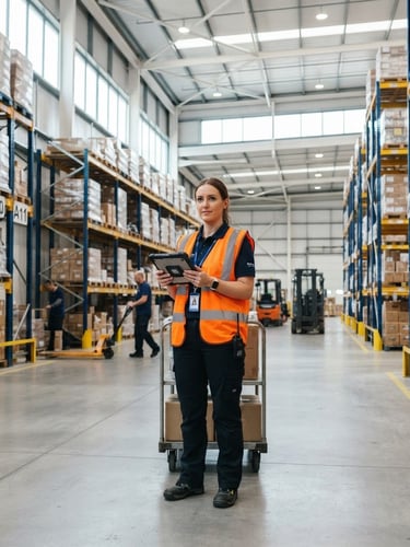 Bright commercial warehouse with organized cargo racks, clean concrete floors, professional logistics coordinator in a safety vest holding a tablet, natural daylight streaming through high windows.