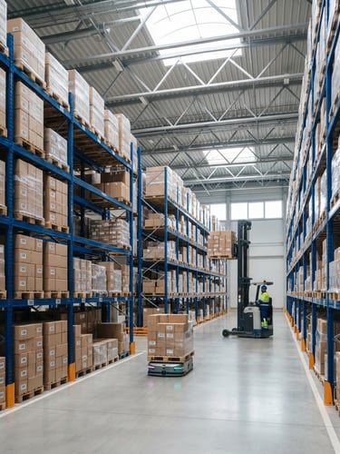 A clean, modern logistics warehouse interior with organized high shelving, bright neutral daylight, professional commercial photography, 35mm lens.