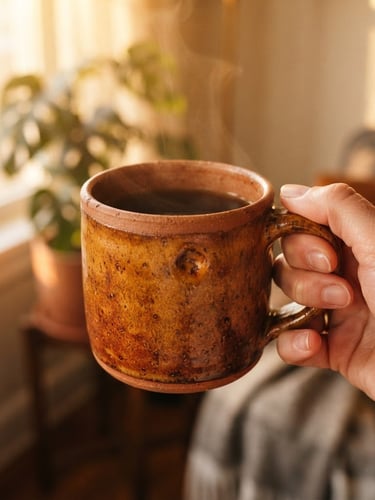 Close-up of a hand holding a warm terracotta ceramic mug with visible thumbprints, soft golden-hour window light, shallow depth of field