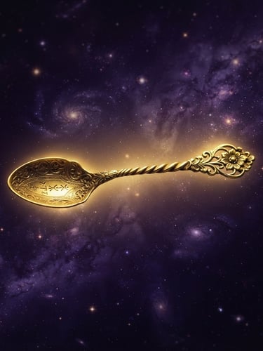 Dramatic cinematic photography of a single ornate golden spoon floating in mid-air, glowing gold halos, deep cosmic purple background, high contrast chiaroscuro lighting, 35mm lens