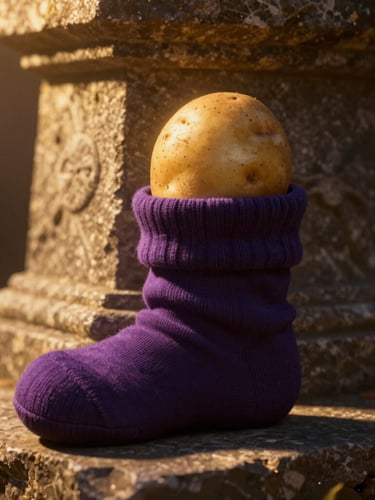 Extreme close-up of a rustic potato resting inside a dark purple sock on a stone altar, dramatic golden backlighting, chiaroscuro