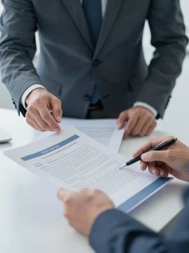 Professional interaction in a modern, bright office, two people reviewing official documents, close-up on hands and documents, cool blue and grey tones, sharp focus, 35mm lens