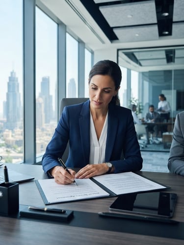 Modern Dubai corporate office environment, bright and clean, with a professional signing documents, cool blue and grey tones, sharp focus, 35mm lens