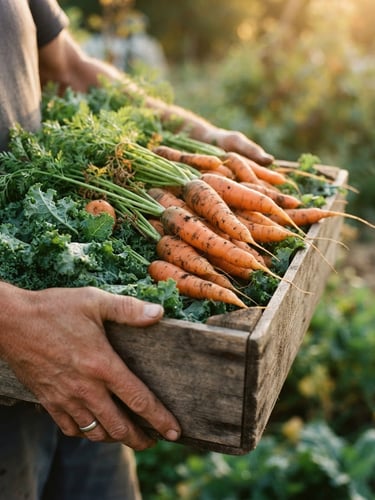 Close-up of hands holding a rustic wooden crate overflowing with vibrant freshly harvested carrots and green kale, warm golden hour sunlight, shallow depth of field