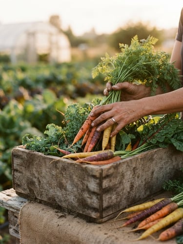 Warm editorial photograph of hands gently placing fresh Snohomish county carrots and green vegetables into a rustic wooden crate, soft natural golden hour light, shallow depth of field