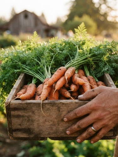 Warm editorial photography, close-up of hands holding a wooden crate filled with fresh Snohomish County carrots and greens, natural golden-hour daylight, shallow depth of field, 35mm film.