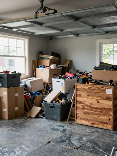 Documentary shot of a cluttered residential garage filled with old boxes and dusty tools, contrasted with natural light coming from the side window, realistic mess