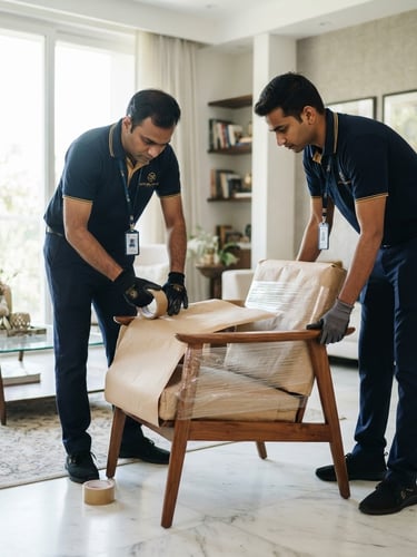 Professional packers and movers in uniform carefully wrapping furniture in a modern Indian home, bright natural daylight, corporate navy and gold accents, sharp focus, editorial style.