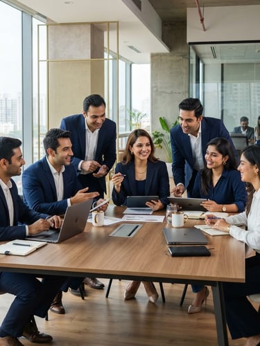 Professional Indian business team collaborating in a modern, bright office, high-key corporate lighting, medium shot, clean architectural interior, subtle gold accents.
