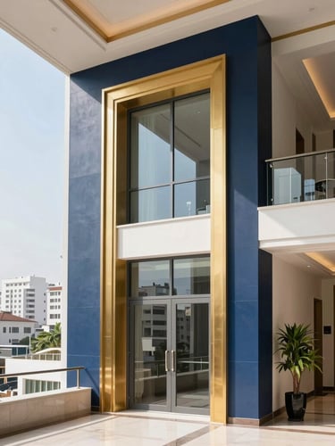 Clean professional photography of a modern, well-lit interior of a luxury apartment in an Indian metro city, showing architectural details and expansive views. Bright natural daylight, corporate navy and gold accents, sharp focus, editorial style. Aspect: portrait.