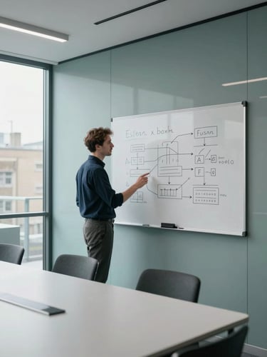 A modern minimalist meeting room in Hayes, England, clean glass walls, daylight, cool tones, a software engineer explaining system design on a white board.