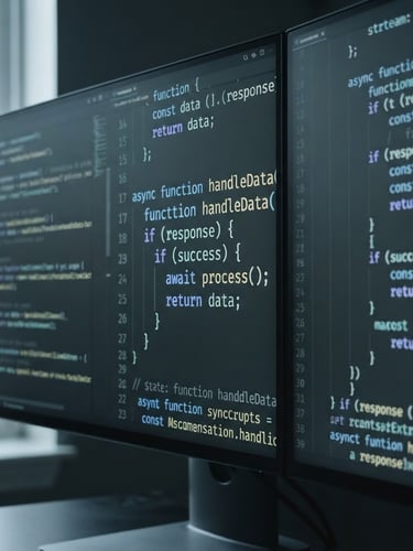 Macro shot of a clean code environment on dual monitors, cool natural daylight, desaturated slate tones, sharp focus, 50mm lens