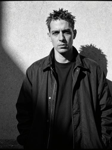 High-contrast black and white vertical portrait of a subcultural figure standing in a stark Berlin alleyway, harsh direct sunlight casting deep shadows, visible film grain and raw edge.