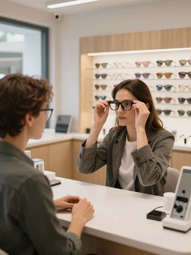 Wide panoramic bright retail counter, an optometrist adjusting a modern frame for a customer, clear eye-level shot, warm natural lighting, clean light-colored surfaces.