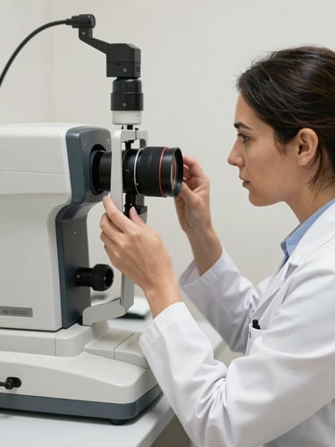 A professional female optometrist in a white clinical coat adjusting a modern phoropter testing machine, bright clean optometry clinic in Mexico.