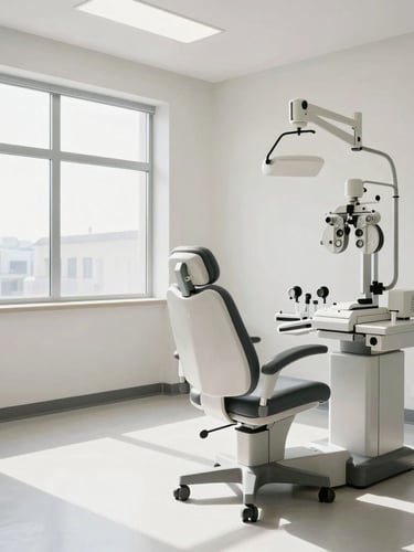 Wide panoramic bright modern optometry clinic, a clean white examination chair and modern phoropter to the right third, natural light from a window, expansive negative space on the left.