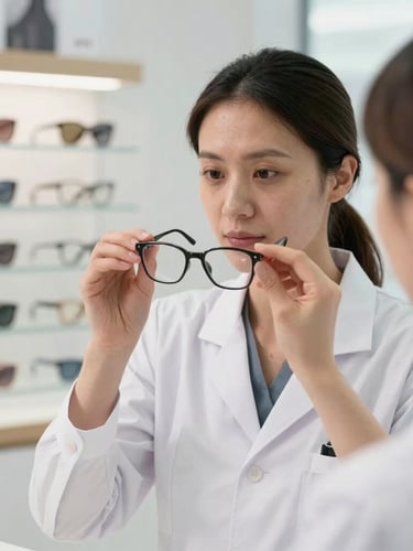 A professional female optometrist demonstrating how to clean a pair of glasses, bright clinical-retail hybrid setting, natural light.