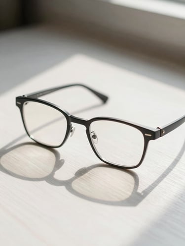 A close-up shot of modern eyeglasses resting on a clean white wooden table, bright natural morning light, soft shadows.