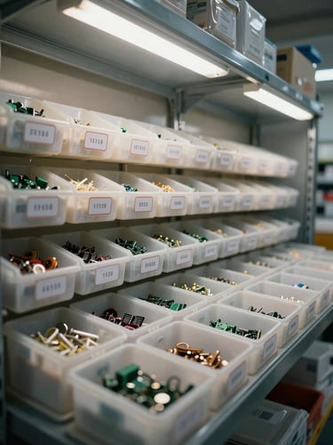 Wide shot of organized warehouse storage bins with labeled compartments holding small electronic components, overhead fluorescent light casting clean shadows, steel shelving unit extending into background