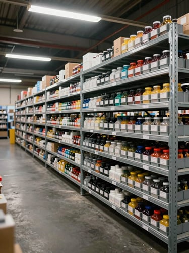 Wide shot of organized industrial warehouse shelving under overhead fluorescent light, rows of labeled component bins in steel-gray metal racks stretching into the background, left-side framing with generous negative space to the right