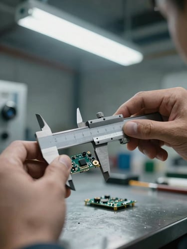 Extreme close-up of an engineer's hands holding precision calipers measuring a small electronic circuit board component on a steel-gray workbench, overhead fluorescent warehouse light, sharp industrial focus, no blur