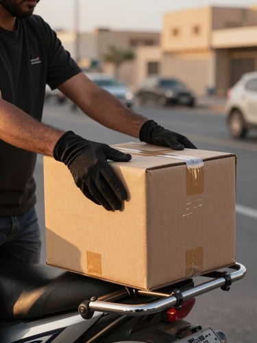 Close-up medium shot of a delivery rider's gloved hands securing a parcel onto a motorcycle rack at golden hour, Riyadh street visible in soft background, warm directional light, sharp package detail