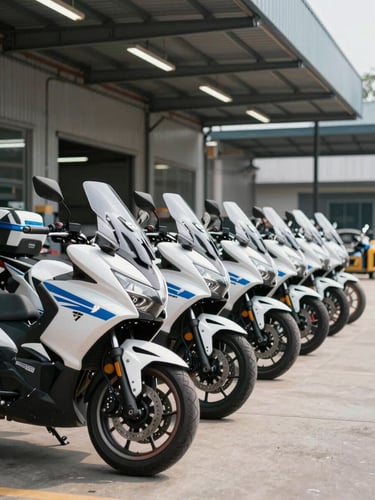 Row of delivery motorcycles parked in formation under a warehouse canopy, clean daylight, company livery visible on each bike, concrete floor, overhead industrial lighting, no people, operational precision