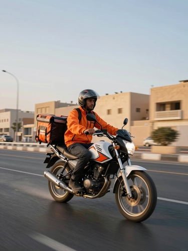 Wide shot of a motorcycle delivery rider in an orange-accented jacket accelerating through a Riyadh urban street at golden hour, motion blur on the background, package secured on the bike rack, low-angle action frame