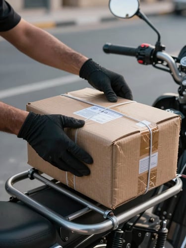 Close-up of a gloved rider's hands securing a sealed parcel onto a motorcycle cargo rack under cool morning light, Riyadh street visible in the shallow background, sharp focus on the package label and bungee cord detail