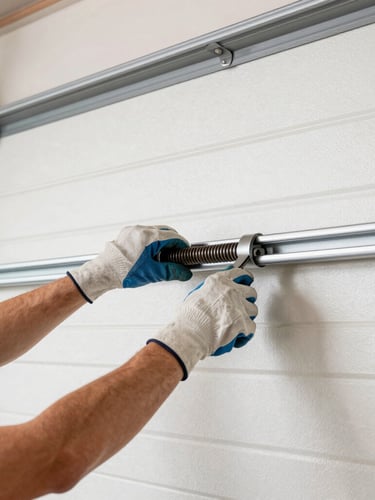 Medium shot of hands in heavy-duty work gloves adjusting high-tension springs on a garage door track, bright natural garage lighting, sharp focus