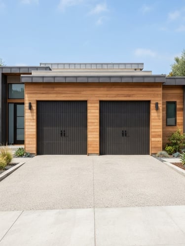 Straight-on architectural shot of a clean modern garage exterior in bright natural daylight, crisp focus, 35mm lens