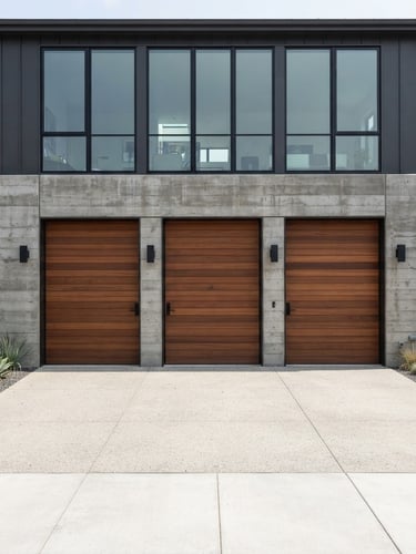 Straight-on architectural shot of a modern residential garage exterior, bright natural daylight, clean industrial tones, sharp focus, 35mm lens