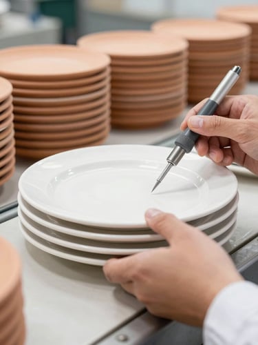 Close-up of a quality control technician inspecting a stack of ceramic plates on a conveyor belt, bright industrial light, clean environment, focus on precision tools and the technician's hands, industrial editorial photography, warm terracotta and clean white tones, sharp focus, 35mm