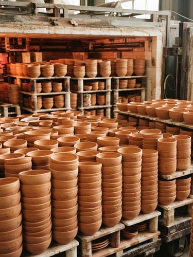 Wide shot of stacked, unglazed terracotta bowls in a commercial kiln, warm industrial light, focus on texture and volume.