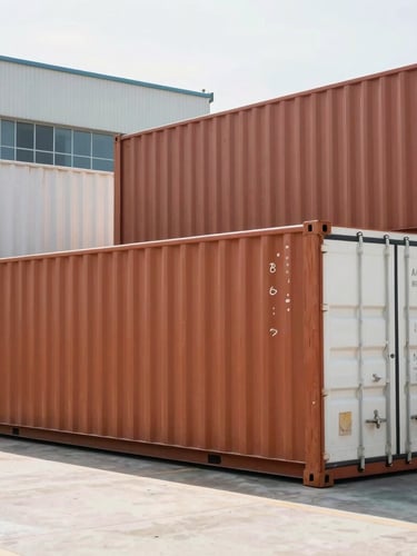 Crisp industrial editorial photography, shipping containers being loaded at a modern facility, bright natural light, sharp focus, 35mm