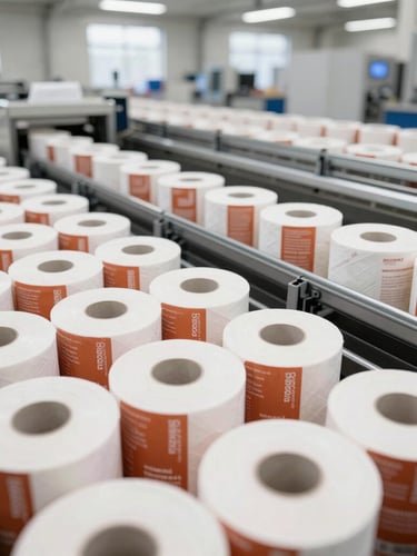 Wide shot of a modern high-speed tissue packaging line wrapping retail toilet rolls in custom branded film, bright natural warehouse light, sharp focus, 35mm